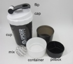 plastic protein shaker bottle with compartment on bottom and pillbox