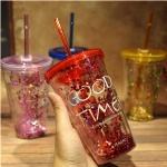 16oz Double wall insert glitter plastic tumbler cup with straw