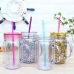 double wall round shape glitter Plastic mason jar drinking jar with and without handle