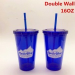 16OZ double wall plastic tumbler with straw transparent straw cup